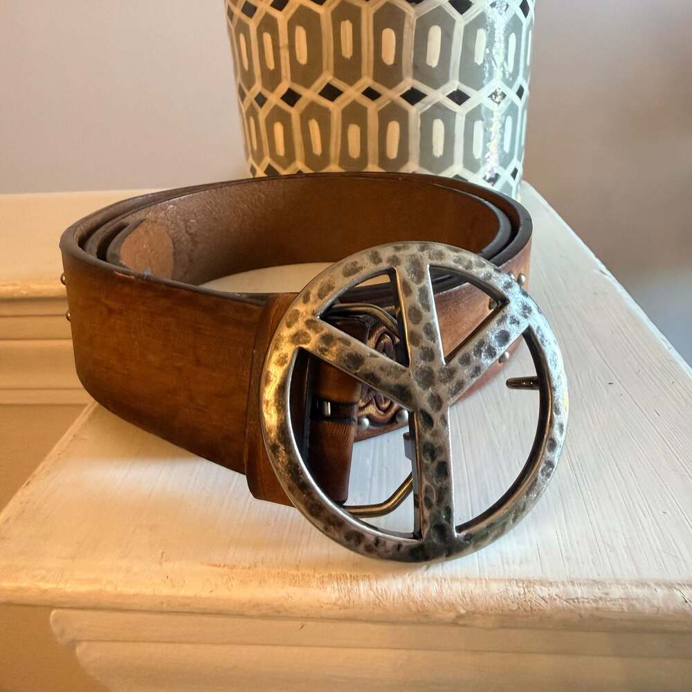 Brighton Vintage Hand Tooled Leather Belt w Hammered Peace Sign Buckle SZ 36